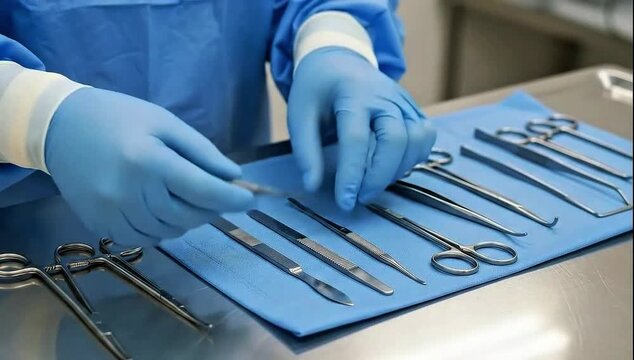 Surgical instruments laid out on blue drape for procedure