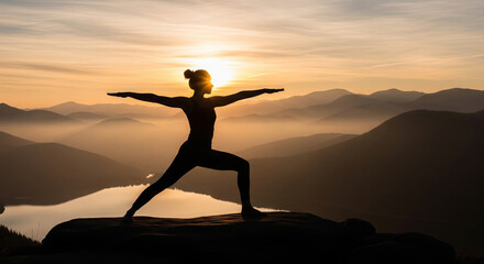 Woman silhouette practicing yoga warrior pose on mountaintop at sunrise