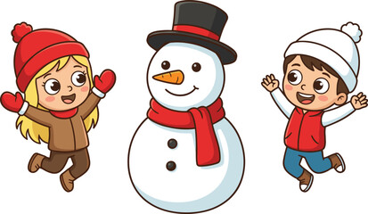 Cute winter kids with snowman illustration, cartoon children playing in snow wearing warm clothes, joyful Christmas holiday scene design