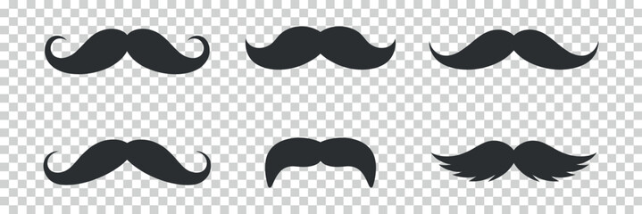 A collection of six different styles of black mustaches presented on a transparent background showcasing various shapes
