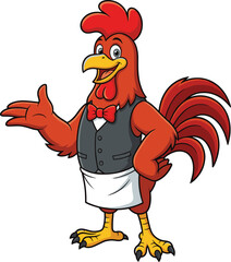 Cartoon rooster waiter mascot illustration, friendly chicken restaurant character design, smiling farm animal server, hospitality food service vector