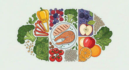Healthy eating plate illustration displaying balanced diet of fresh food