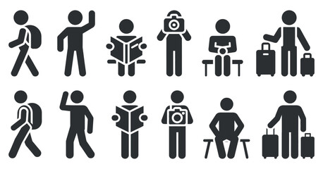 A collection of black silhouette icons depicting various people and their travel related activities and possessions