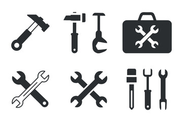 a collection of black and white tool icons including hammers wrenches screwdrivers and a toolbox displayed on a white background