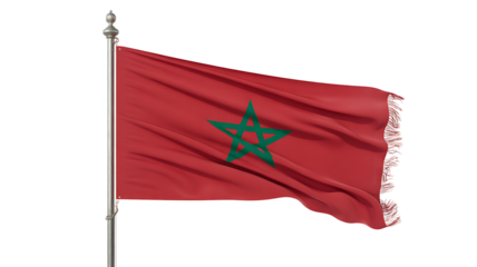 A vibrant red moroccan flag waving against a dark background with a green star emblem and fringe detail 
