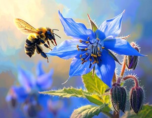 Vibrant bee on a bright blue flower