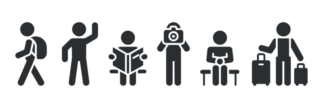 a series of stick figures depict various actions including walking waving carrying a child and travel