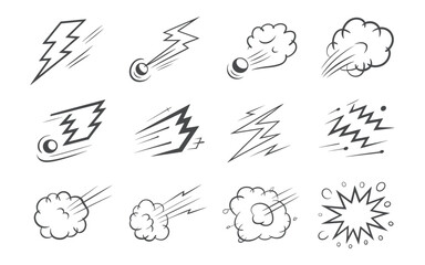 A collection of cartoon illustrations depicts various dynamic effects like lightning bolts speed lines and explosion clouds