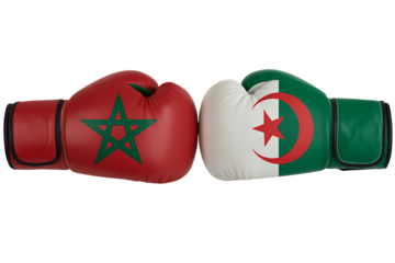Boxing gloves with Algerian and Moroccan flags facing each other symbolizing a fight confrontation, rivalry or diplomatic tension, isolated on a transparent background.
