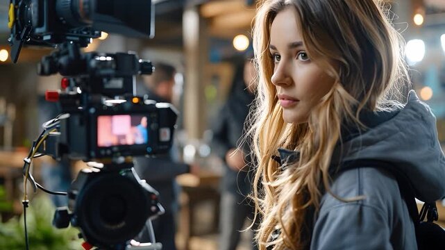 A young woman focuses on adjusting a camera setup in a busy indoors scene. People talk and move around her while she prepares for filming. The atmosphere shows a lively environment