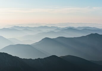 Fototapeta premium Immense landscape featuring countless layers of hazy mountain ridges extending far into the horizon, creating extreme depth and scale ,towering ,sublime ,topography