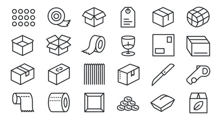 Fototapeta premium An assortment of packaging and shipping icons including boxes tape labels and delivery related elements displayed in a linear style