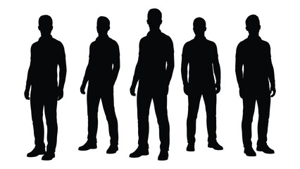 A group of six men standing together depicted in a stark black silhouette