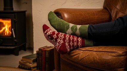 Cozy Winter Evening by the Fireplace with Warm Socks and Books.