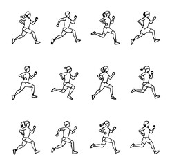 Collection of running people line art illustrations.