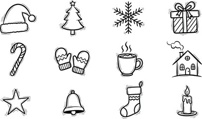 Fototapeta premium Collection of twelve charming black and white doodle icons representing winter holidays and cozy seasonal elements