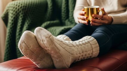 Cozy Winter Comfort - Woman Relaxing with Warm Drink and Knitted Socks.