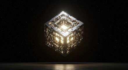Intricate metallic cube structure radiates brilliant internal golden illumination against a dark starry void