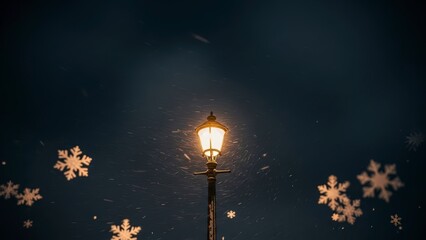 Vintage street lamp illuminates a dark winter night with decorative snowflakes.