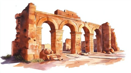 Roman ruins of Timgad. Roman ruins of Timgad hand drawn watercolor illustration on white background