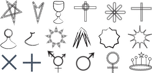 Collection of Hand-Drawn Religious, Astrological, and Geometric Symbols with a Grungy Outline.