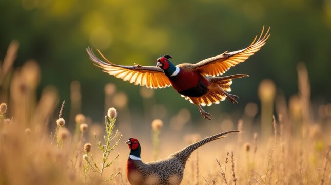 Pheasants in flight over golden field