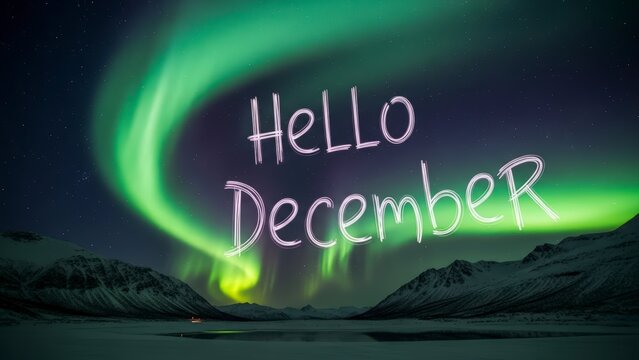 Stunning Aurora Borealis Lights Up The Night Sky Over Snowy Landscape With December Greeting. - Powered by Adobe