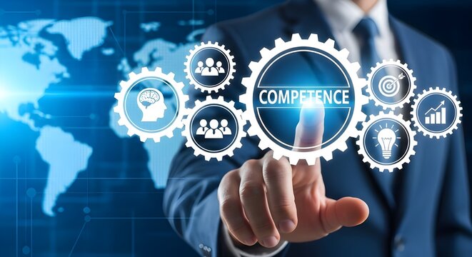 Businessman touching a gear with the word competence, global business strategy and development concept with world map background