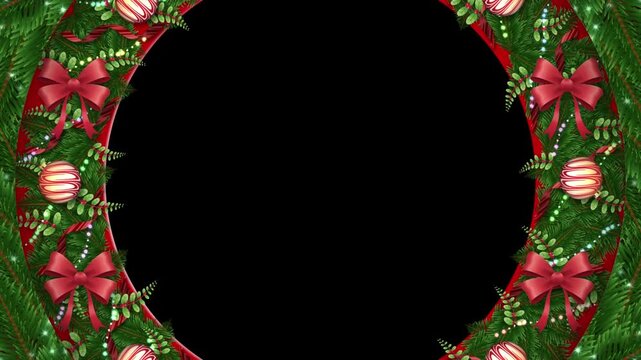 A massive circle of pine branches forms a holiday border. Red ribbons wrap around the thick green fir garland ring