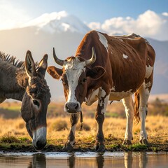 Two animals drinking by a pond