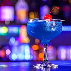 Vibrant blue cocktail on a bar