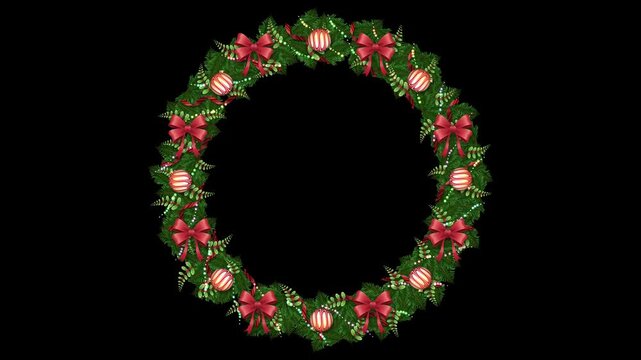 A massive circle of pine branches forms a holiday border. Red ribbons wrap around the thick green fir garland ring