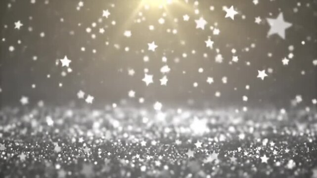 Falling stars and shimmering glitter create a festive background.