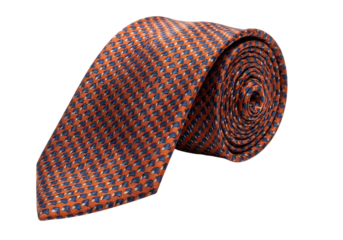 Elegant orange and blue patterned silk necktie accessory, rolled.