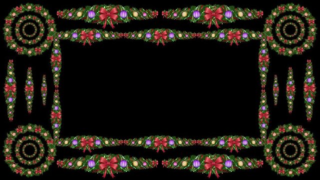 A formal holiday border design with symmetrical pine elements. Red knots and colorful spheres provide a celebratory touch.