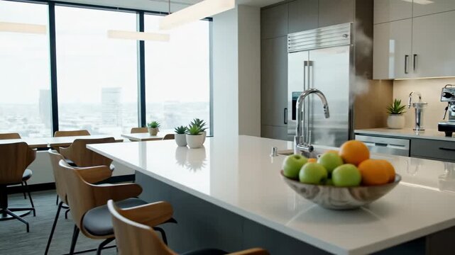 Modern luxury kitchen interior in corporate office breakroom with city view and espresso machine