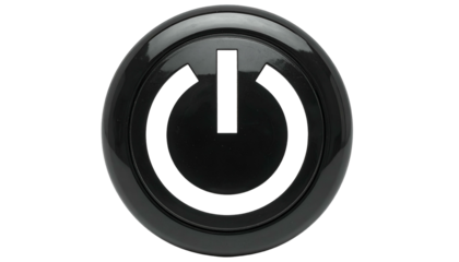 A glossy, black circular button featuring the universal power symbol, isolated on black
