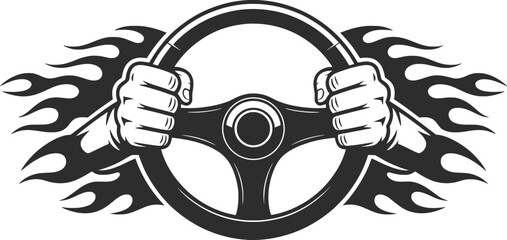 Flaming Steering Wheel with Strong Hands Racing Vector Illustration.