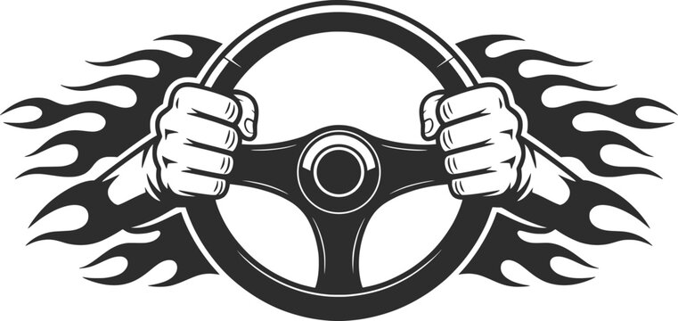Flaming Steering Wheel with Strong Hands Racing Vector Illustration.