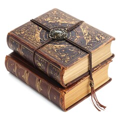 Two antique, ornate books stacked, tied with a decorative cord