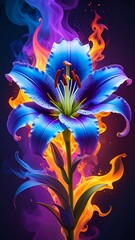 Vibrant blue lily in fire