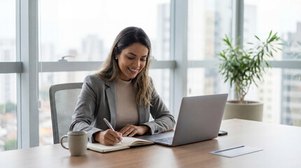 Mulher de Neg&oacute;cios Branca Focada Escrevendo em Caderno no Escrit&oacute;rio Moderno com Laptop - Conceito de Produtividade Corporativa e Planejamento