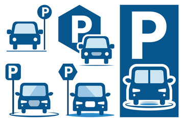 Blue , black parking sign with white letter p, traffic and road symbol, urban street design, icon for transportation and public spaces, isolated on white background