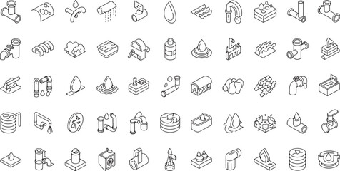 Fototapeta premium Water Supply and Plumbing Isometric Line Icons Set: Wastewater, Pipeline, Droplet, and Industrial Processing Symbols.