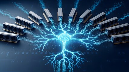 Glowing digital neural network connecting to computer ram memory modules for artificial intelligence and machine learning technology concept.
