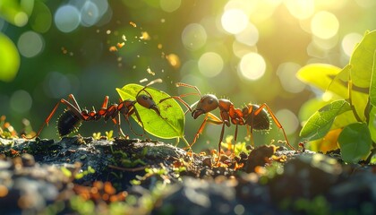 Two ants carrying a leaf in sunlight
