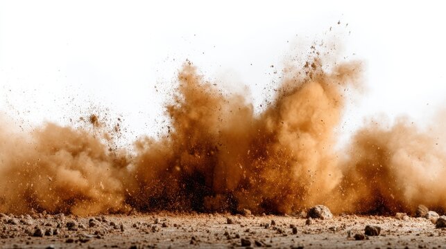A large cloud of dust is blowing through the air. The scene is chaotic and disordered, with the dust covering everything in its path. Scene is one of destruction and turmoil