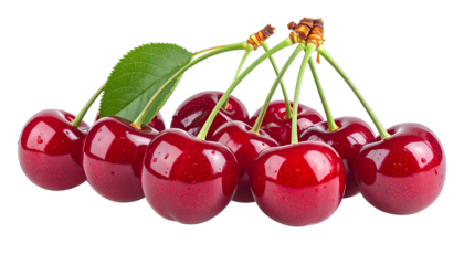Cluster of vibrant red cherries, glistening with water drops, green leaf visible