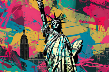 Pop art depiction of the statue of liberty with urban background