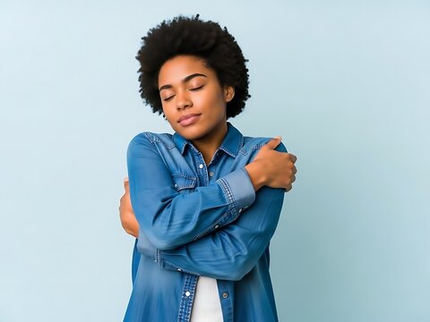 Woman hugging herself with closed eyes against blue background